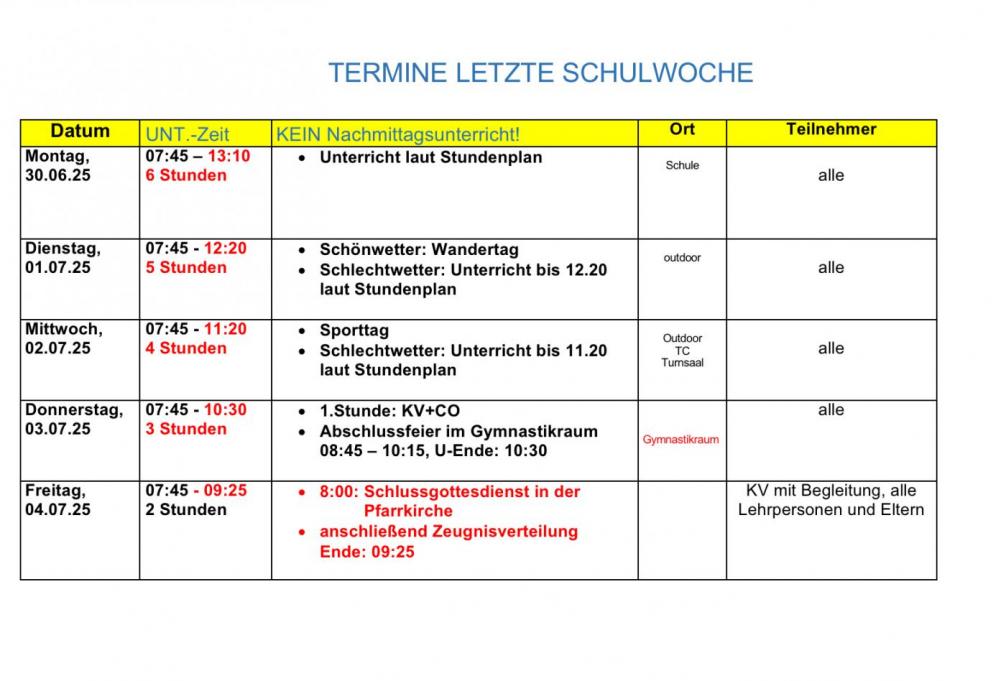 Termine letzte Schulwoche